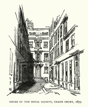 London: House of the Royal Society, Crane Court, 1877 (engraving)