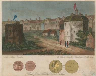 The Bear Garden and Globe Theatre, Bankside, Southwark, London (coloured engraving)