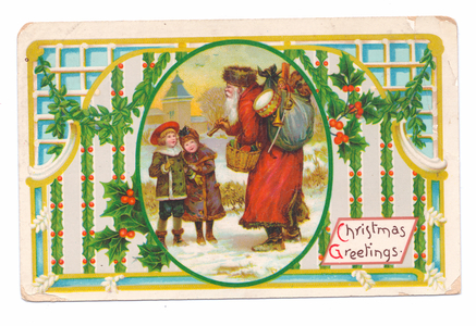 Edwardian Christmas postcard of Father Christmas with a sack of toys across his shoulder talking to two children, c.1910 (colour litho)