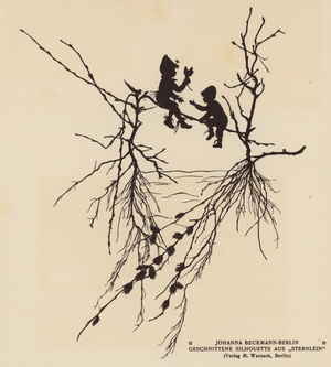 Silhouette of two figures sitting on a branch (litho)