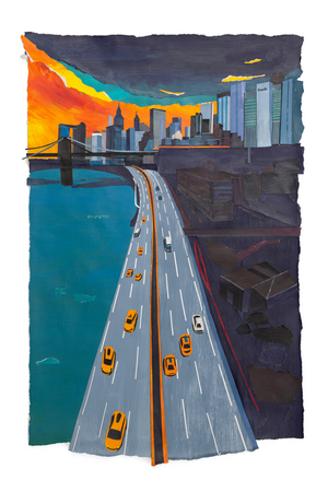 Orange sky over New York, 2019 (acrylic and collage on paper)