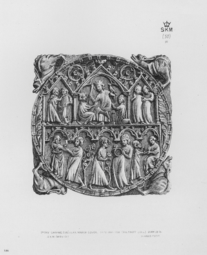 Victoria And Albert Museum: Ivory carving, Circular Mirror Cover, date 1300-1330, Soltikoff Coll (engraving)