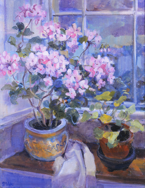 Pink geranium on window seat, 1996 (gouache on paper)
