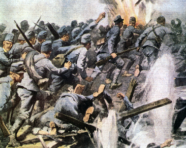 Vittorio Veneto offensive: the Austrian retreat in an illustration of La Domenica del Corriere 'The mountain came to play fifes come home play, Tragic retreat of the Piave'(lithograph)