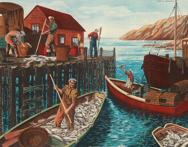 Cod fishing in Newfoundland (colour litho)