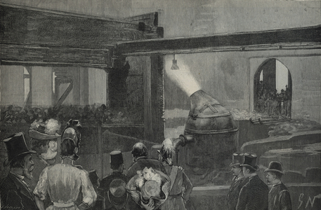 Bessemer process in operation at steel works, Sheffield, England, in presence of Shah of Persia, 1889.