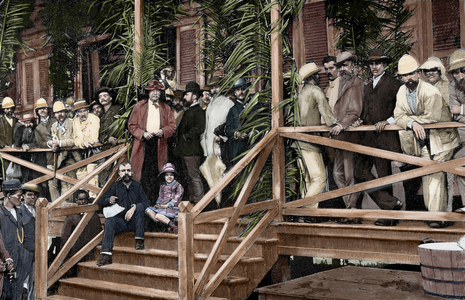 Ferdinand de Lesseps (1805-1894) and his retinue visiting the works of Panama Canal, 1887 (colour engraving)