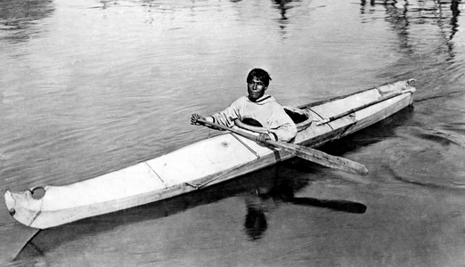 America, Alaska, Man With Kayak, 1910-20 (b/w photo)