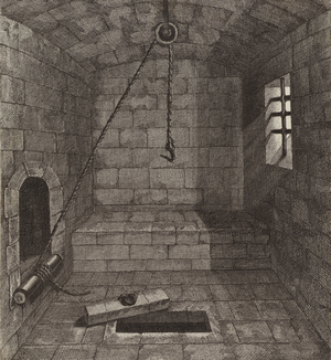 Torture chamber, 14th Century. Illustration for Bilder-Atlas (engraving)