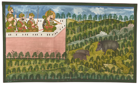 A painting of Maharana Jawan Singh (r.1821-38) hunting wild boar, (opaque pigments on paper heightened with gilt)