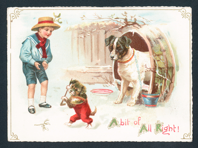 Dog, Puppy and Boy playingin the snow, Christmas Card (chromolitho)