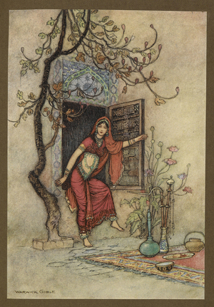 Plate 7: "The Girl of the Wall-Amirah."Folk-Tales of Bengal ... With 32 illustrations in colour by Warwick Goble (Edition de luxe), 1914 (colour litho)