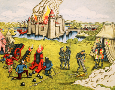 Cannon in use at a Siege (colour litho)
