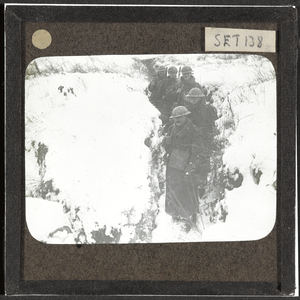 Troops coming out of a communication trench in the snow, near Arras, February 1917 (lantern slide)