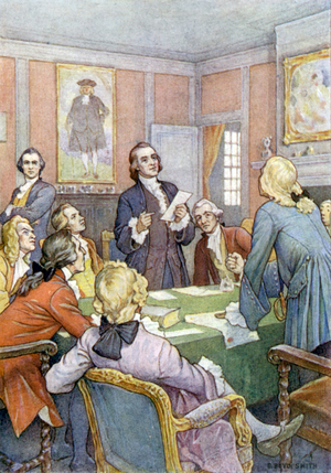 "We now appeared very wide, and so far from each other in our opinions as to discourage all hope of agreement" (colour litho)