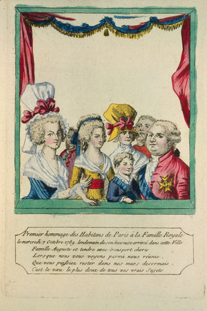 The people of Paris pay their first tribute to the Royal Family, Wednesday 7 October, 1789, the day after their arrival at the city, pub. 1789 (hand colured engraving)