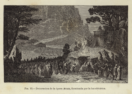 Set of the opera, Moses, illuminated by electric light (engraving)