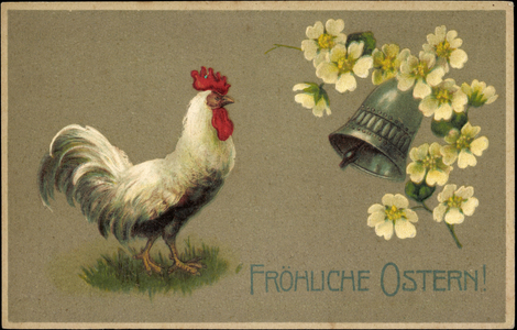 Embossing congratulations Easter, Rooster, Bell, Flowers