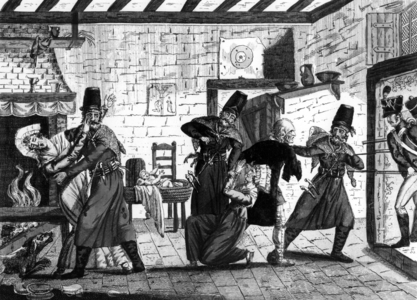 Cossacks looting a house near Brienne (France) on january 29, 1814 : they are stopped by French army, engraving