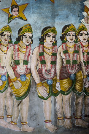 Painting of Hindu deities on the wall of a temple in Sangamankanda, in East Coast, Sri Lanka. May 29, 2010.  (photo)