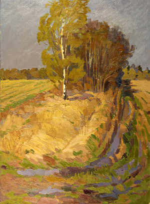 Fields with Birchtree, 1970s (oil on board)