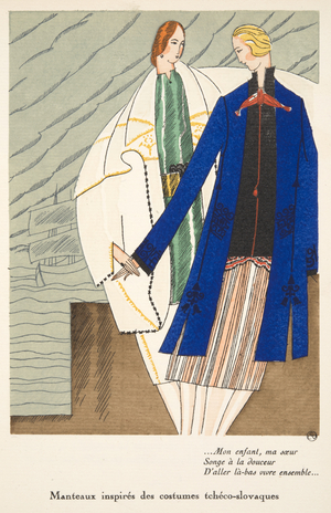 Designs for coats inspired by Czeckoslovkia, from a Collection of Fashion Plates, 1920 (pochoir print)