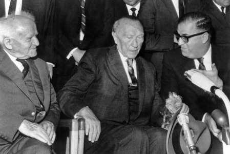 Konrad Adenauer in Israel with David Ben-Gurion (l) & Abba Eban, 1966 (b/w photo)