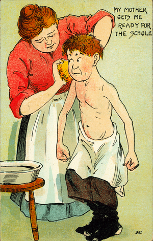 Mother getting her son ready for school (colour litho)