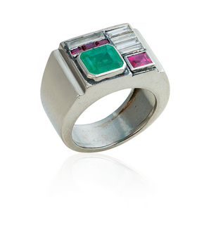 Art deco ring, c.1920 (emerald, diamonds & synthetic rubies)