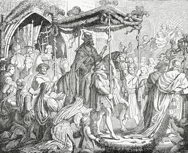 Charles IV, Holy Roman Emperor, visiting Pope Urban V in Avignon in 1365, 1882 (litho)