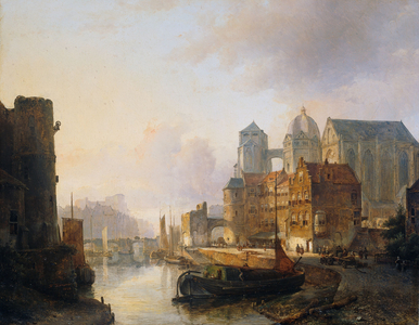Imaginary View of a Riverside Town with Aachen Cathedral, 1846 (oil on panel)