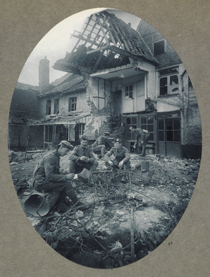 A shell-riddled and deserted village, daily subjected to artillery fire. 1915.
