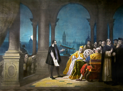 Galileo Galilei demonstrating his telescope to Leonardo Donato, Doge of Venice and the Venetian Senate in 1609, c.1900 (litho)