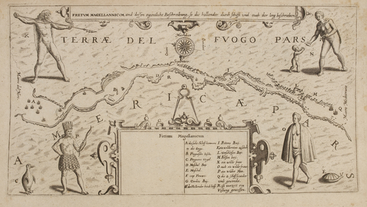 Map of Terrae Del Evogo Pars. The Americas. Image of the coastline and native peoples.