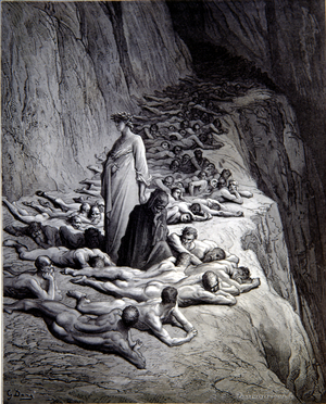 Dante's Purgatorio- Purgatory. Dante and Pope Adrian V Engraving by Gustav Dore, 1868.