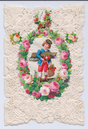 A Victorian embossed greeting card of a boy in the centerpiece holding a fish in a case and a lobster in a basket surrounded by a wreath of roses and leaves, c.1880 (colour litho)