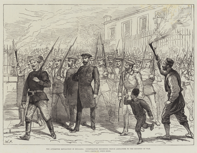 The Attempted Revolution in Bulgaria, Conspirators escorting Prince Alexander to the Ministry of War (engraving)