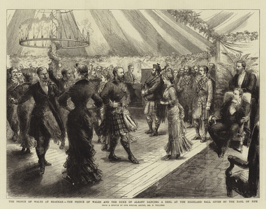 The Prince of Wales at Braemar, the Prince of Wales and the Duke of Albany dancing a Reel at the Highland Ball given by the Earl of Fife (engraving)