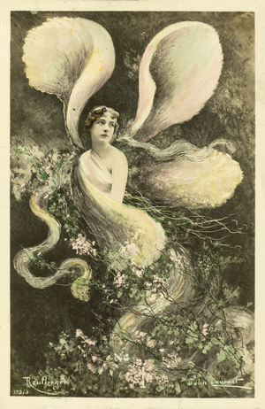 Woman dressed as a butterfly (colour litho)