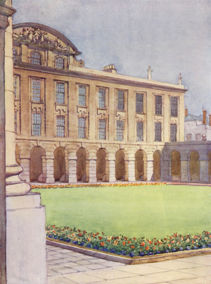 Queen's front quadrangle and hall, designed by Hawkswood, a pupil of Sir Christopher Wren (colour litho)