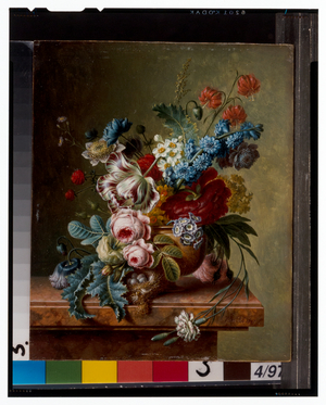 A Vase of Flowers on a Marble Ledge & A Basket of Flowers with a Goldfinch, 1798 (oil on panel)