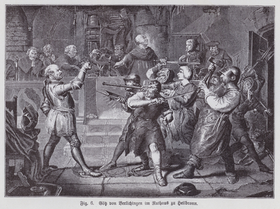 German knight and mercenary Goetz von Berlichingen in the Town Hall of Heilbronn, 1519 (litho)