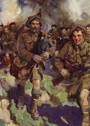 Gallant piper leading a charge (colour litho)