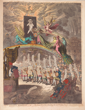 Titianus Redivivus or the Seven Wise Men consulting the new Venetian Oracle, a scene in 'Academic Grove No.1', pub. 1797  (hand coloured engraving)