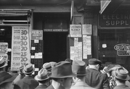 Employment agency on Sixth Avenue, New York, New York, 1937 (b/w photo)