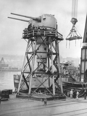 Twin 5.25 inch QF Gun Removed from the Cruiser HMS Argonaut (b/w photo)