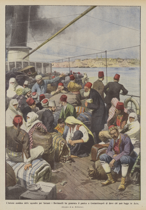 The teams' assiduous action to force the Dardanelles has generated panic in Constantinople  (colour litho)