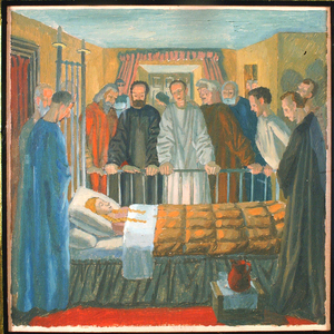 The Campion Hall Fathers gathered around Mary's Bed, c.1942 (oil on paper)