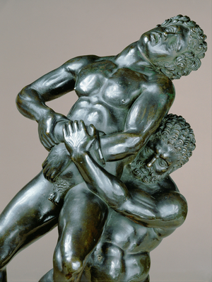 Hercules and Antaios, a giant in Libya, son ofPoseidon and Gaia, the Earth Goddess