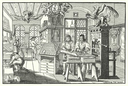 Interior of a book printer's workshop, c1676 (engraving)